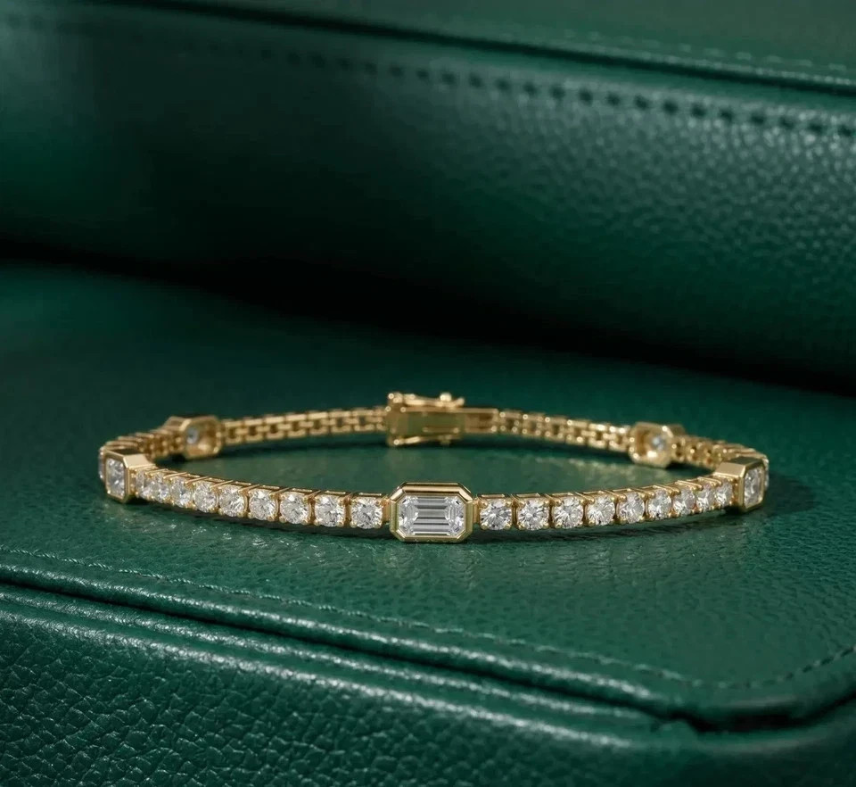 4Ct Emerald Cut Lab Created Diamond Women Tennis Bracelet 14K Yellow Gold Plated