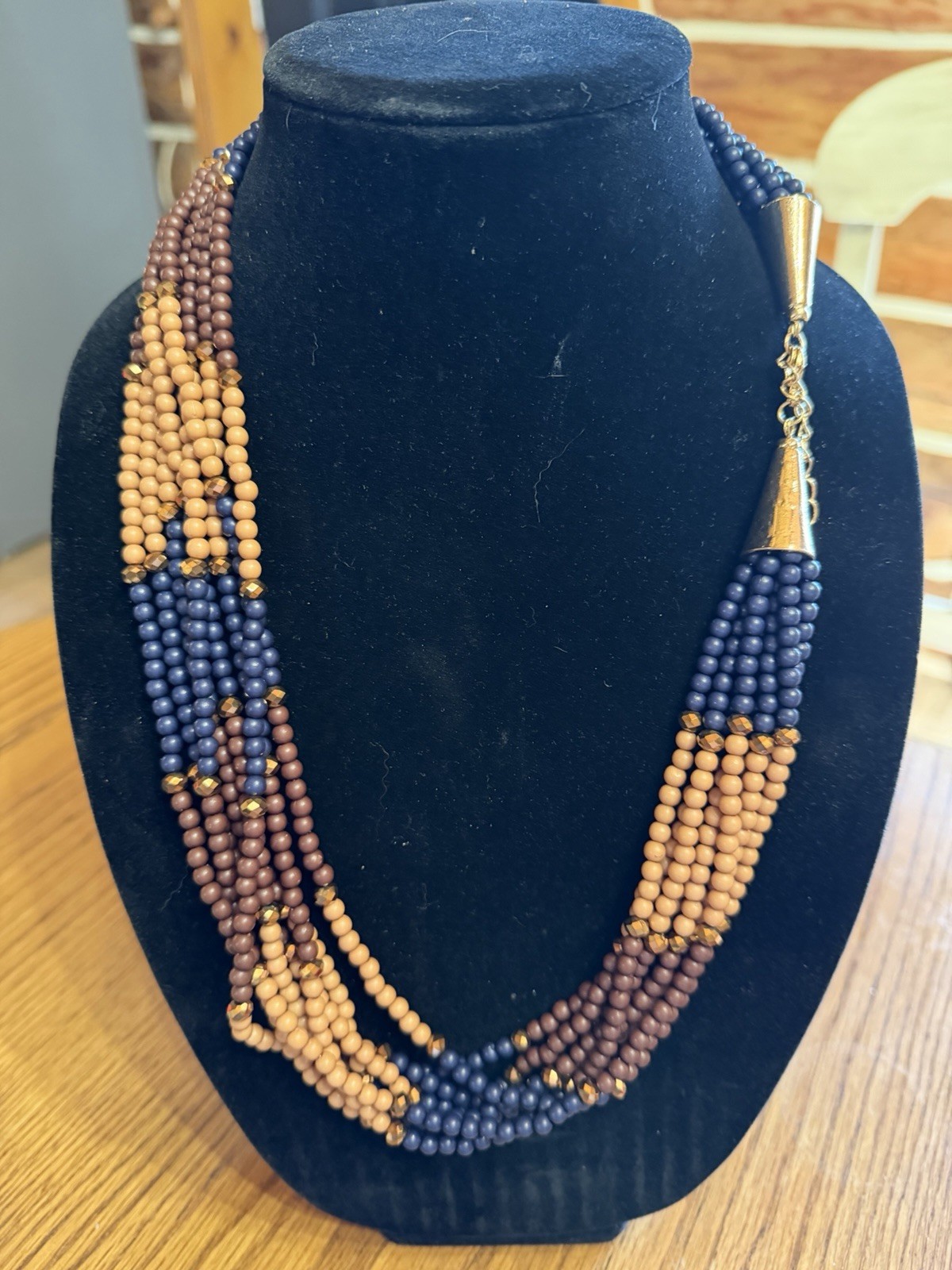 Vintage 8 Strand Beaded Necklace 26” Brown Tan Navy Blue Statement