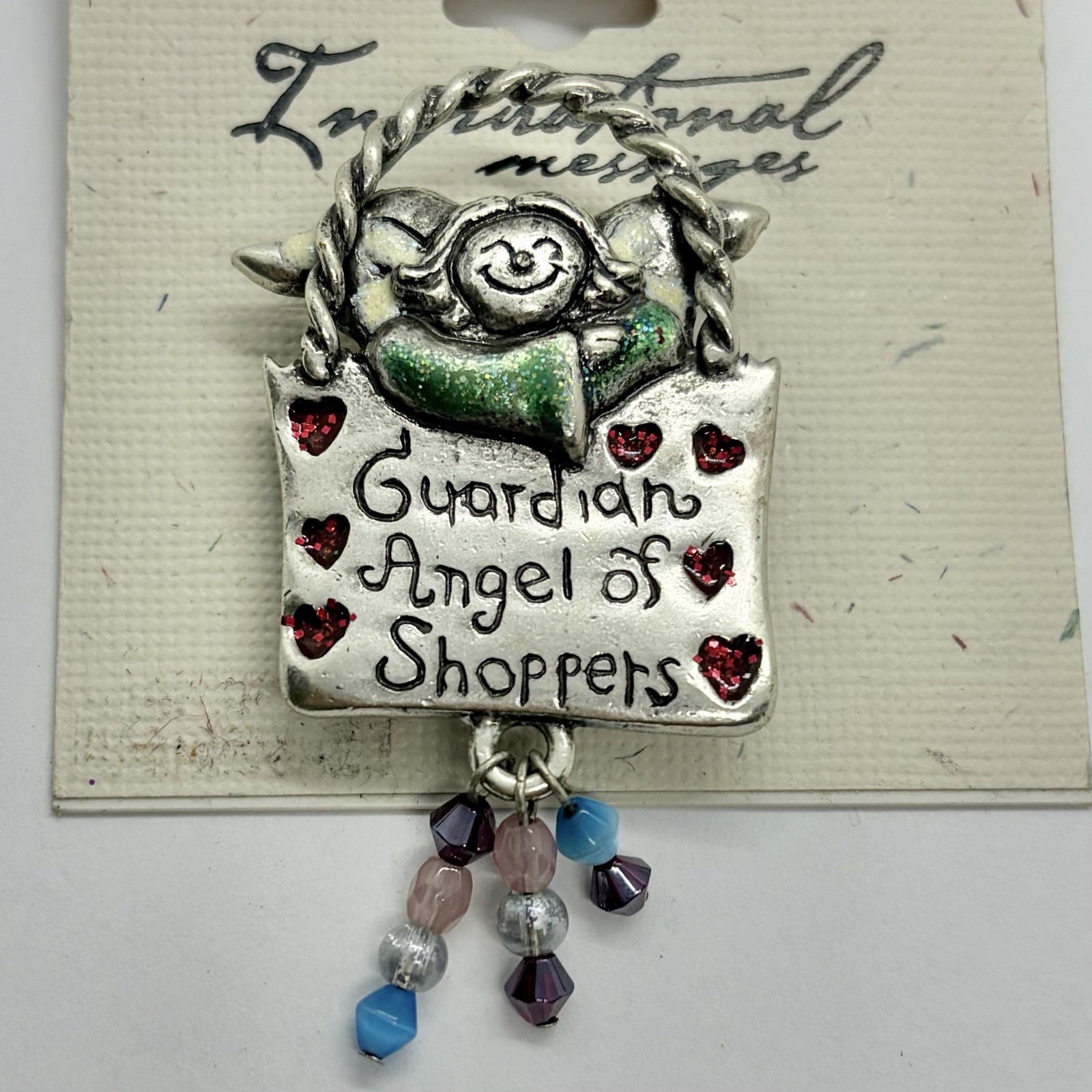 Vtg Signed 90’s Hearts Guardian Angel Shopping Brooch Dangle Glass Bead AJMC NEW