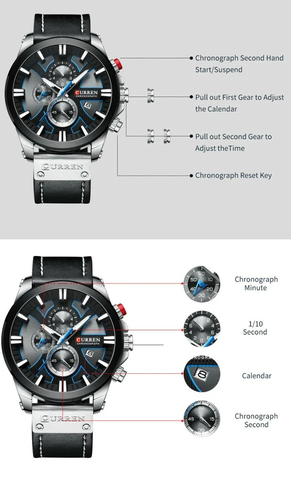 CURREN Men’s Quartz Chronograph Watch Black Leather Strap Luminous Waterproof