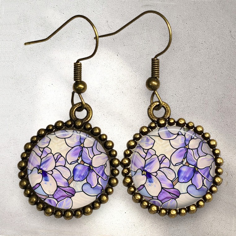 Lilac Violet Flowers Floral Print Earrings Bronze Dangle Handcrafted Jewelry