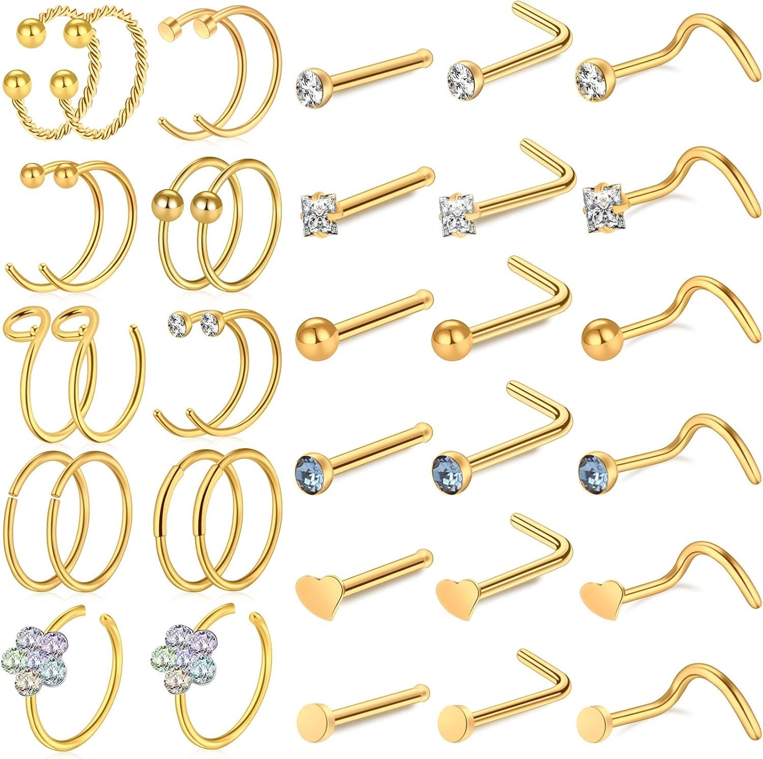 Fashionable Gold Nose Rings – 36 Pcs Hypoallergenic Jewelry for Every Occasion