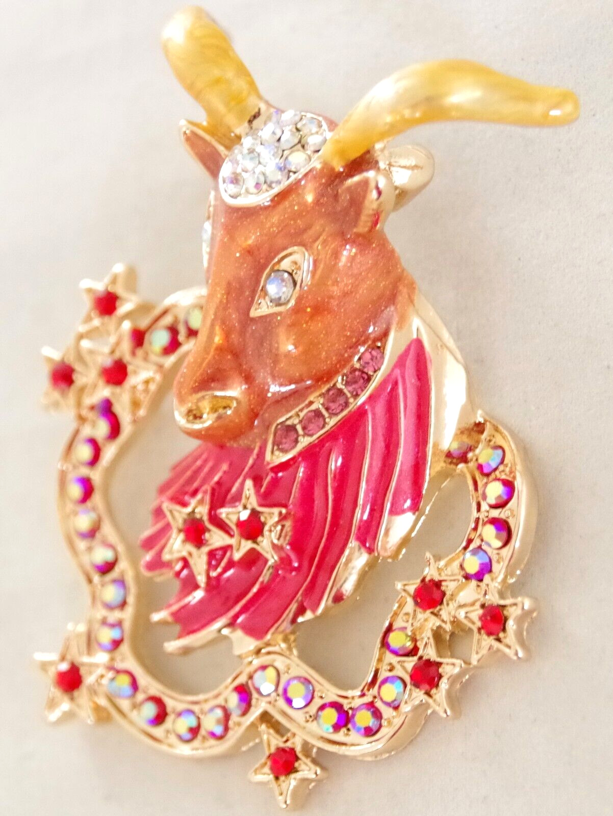 2.75″ DESIGNER STYLE CAPRICORN ZODIAC HOROSCOPE GOAT AB RHINESTONE BROOCH PIN