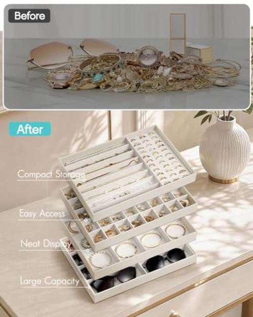 Stackable Jewelry Tray, Drawer Organizer fors | Wide Sections, Bracelet Beige