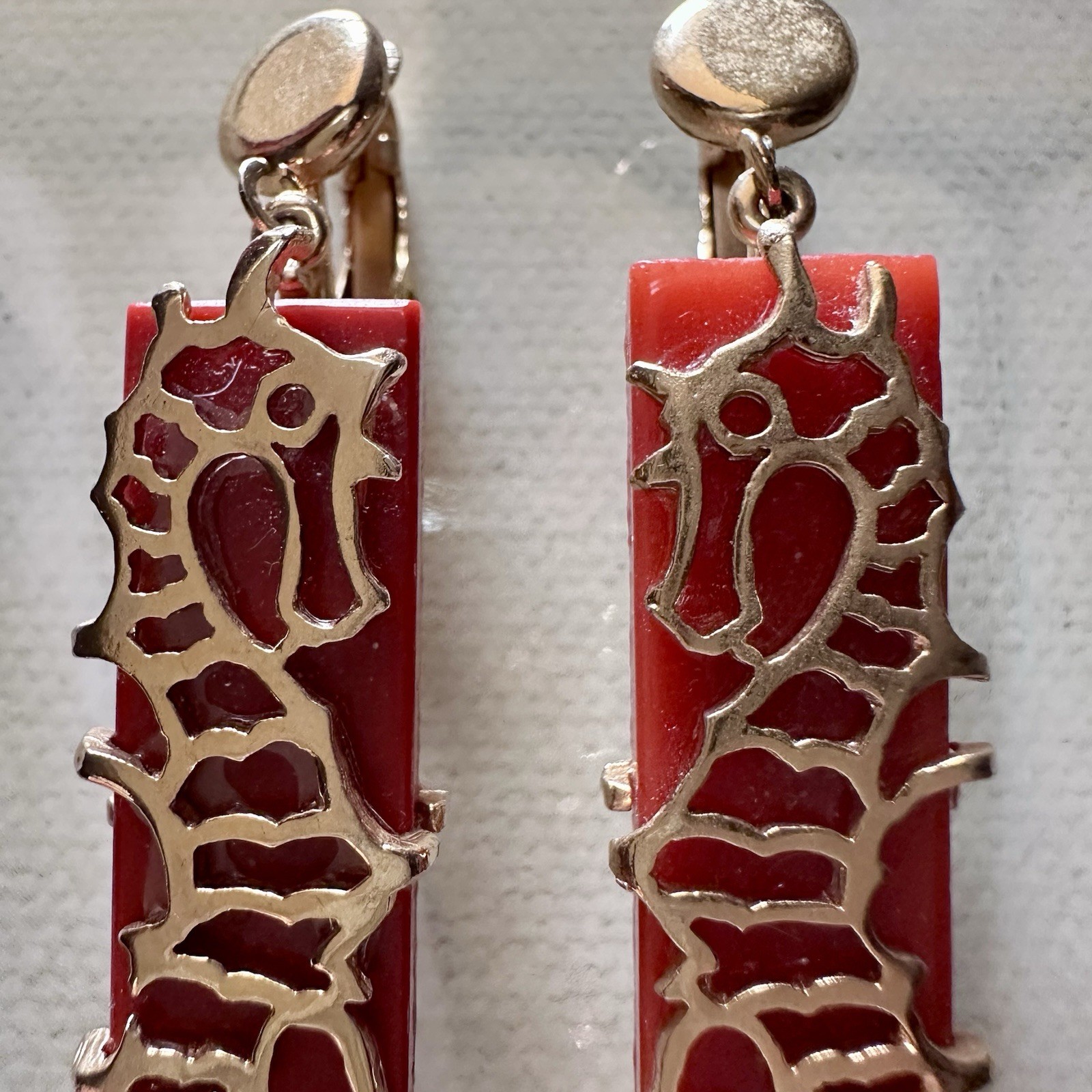 Rare Signed Boucher Seahorse Clip Earrings Red Glass Gold Tone Nautical VTG