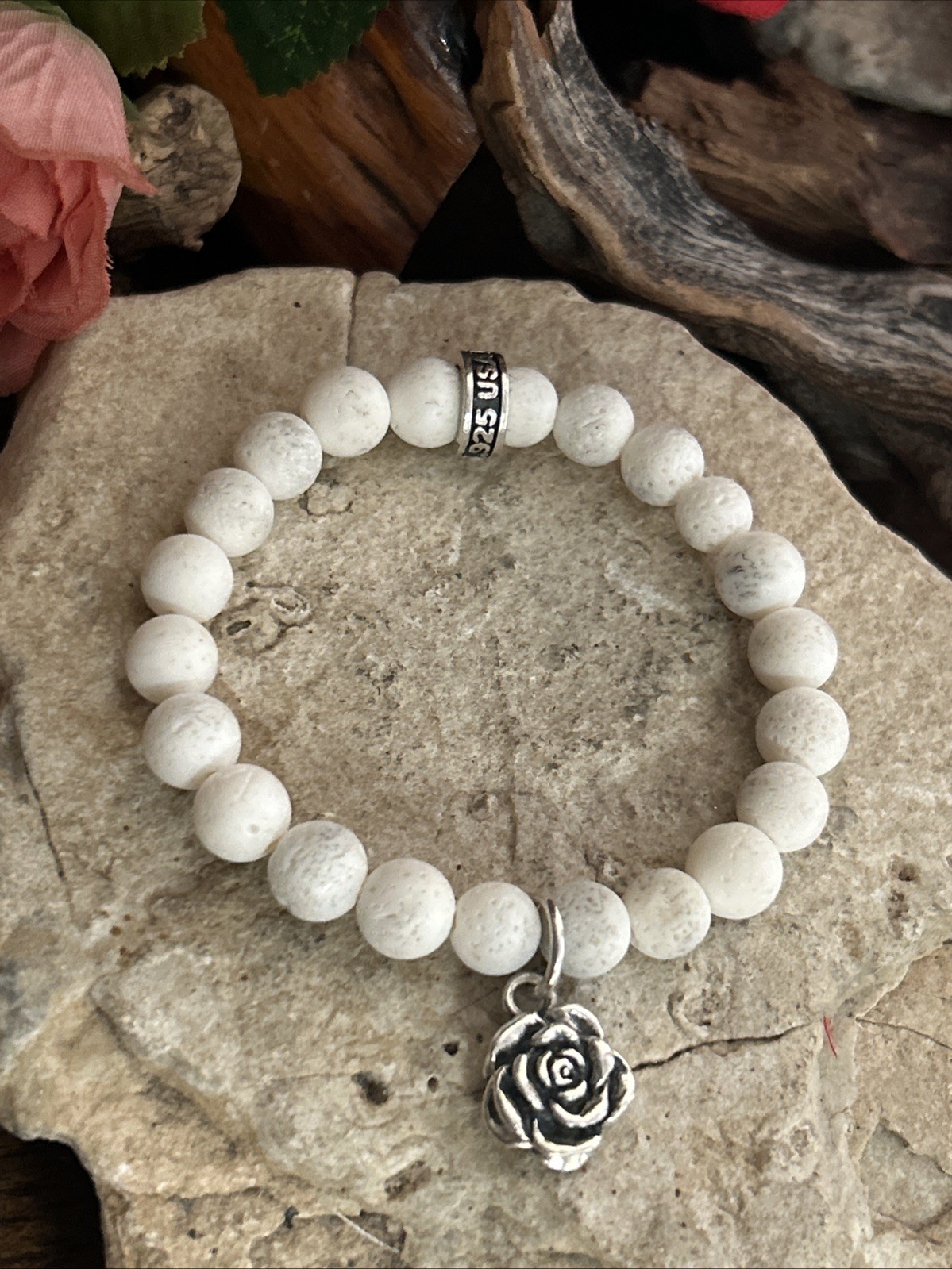 57. King Baby Studio 925 Rose Charm White Coral Stretch Bracelet 6.25+”, 25.5g
