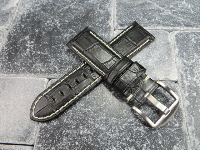 New 22mm Leather Watch Band Black Tang Tongue Strap for fits PANERAI White