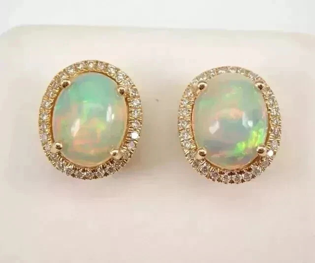Natural Fire Opal 3.00Ct Oval Cut Halo Stud Earrings 14K Yellow Gold Plated