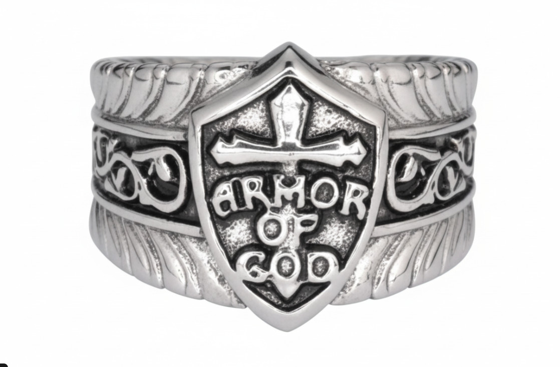 Stainless Steel Men’s Armor of God Religious Biker Ring 154