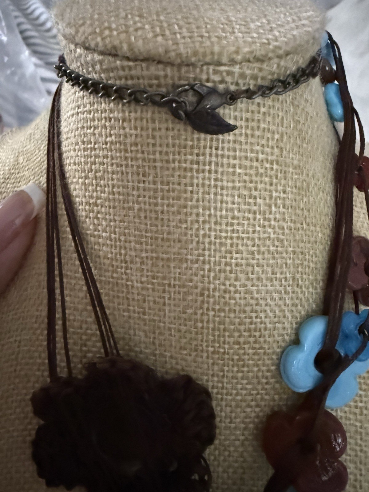Brown & Blue Bohemian Cord Necklace Flower Charm Pendant lobster clasp Closure