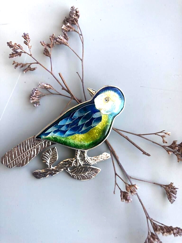 Sterling Silver handmade minankari – cloisonne enamel- brooch – bird