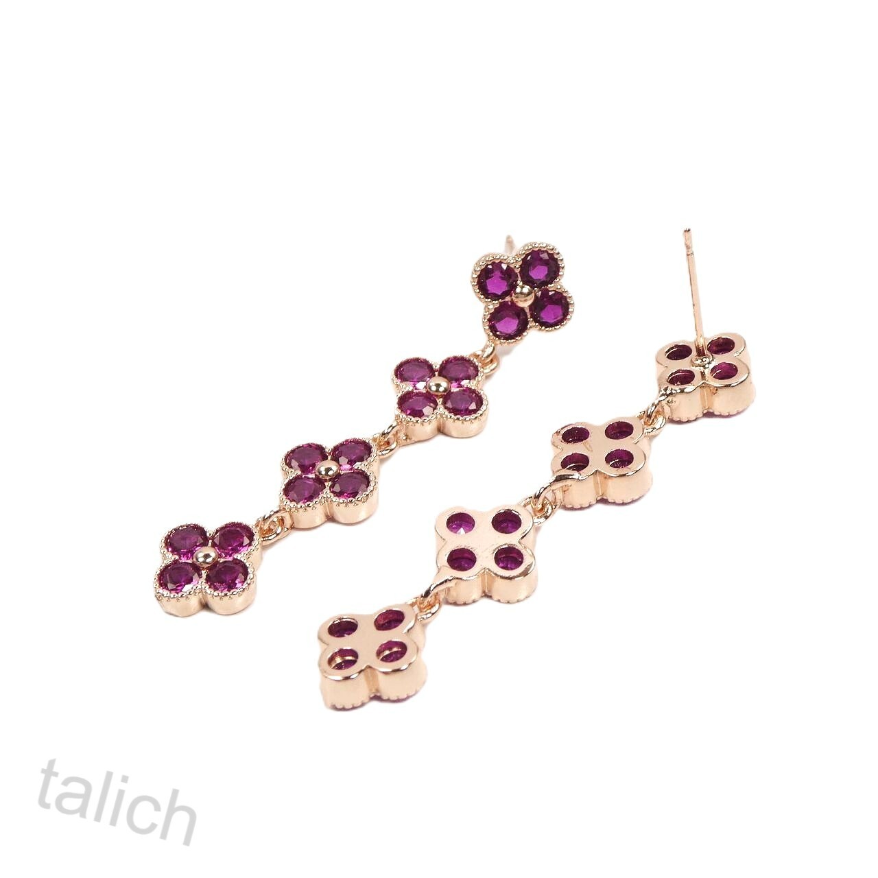 Rose Gold Plated Hot Pink Fuchsia CZ Cubic Zirconia Linear Flower Long Earrings