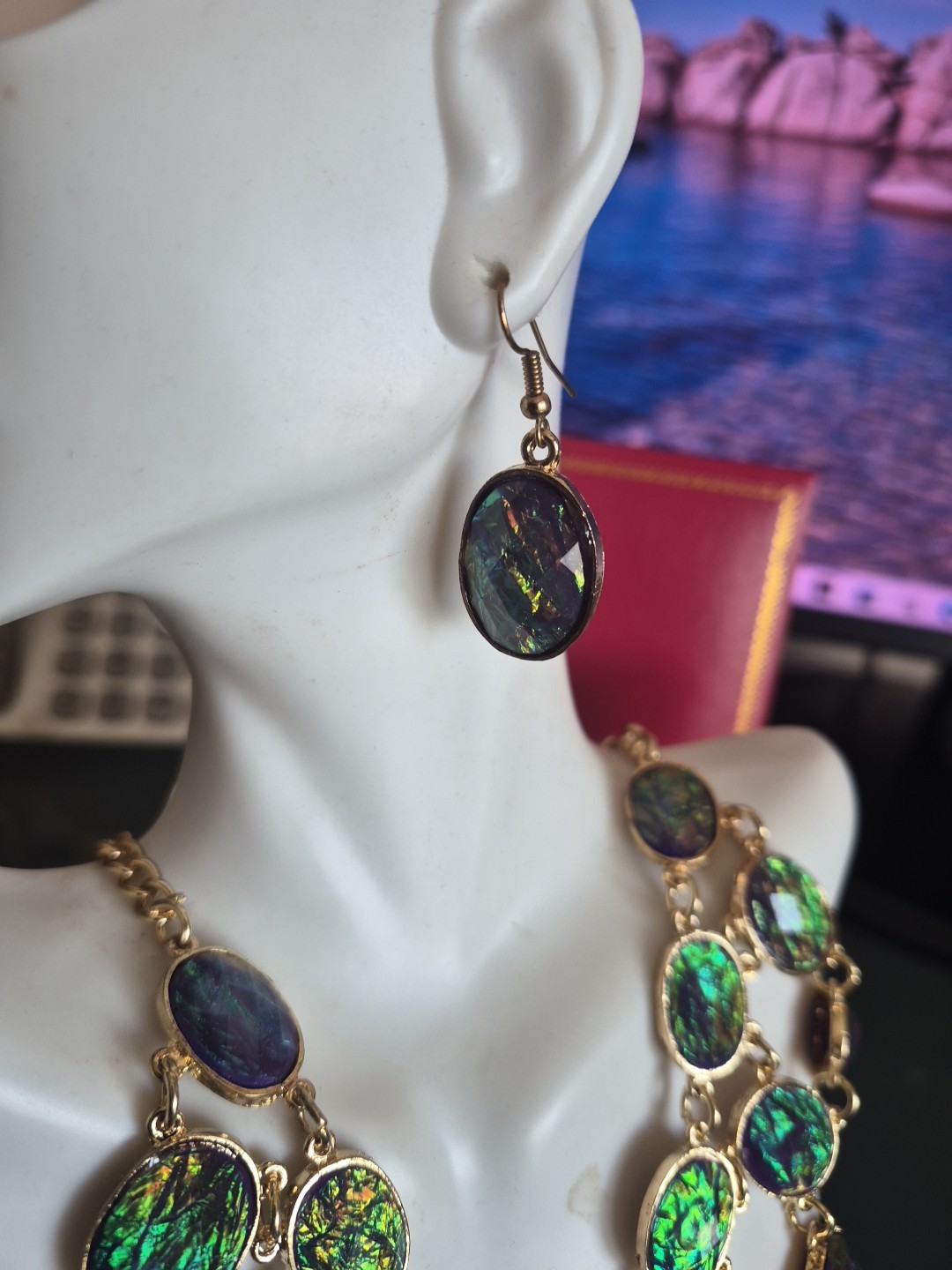 Designer Gold Color Created Opal Adjustable Necklace Up To 27″, Earrings Set