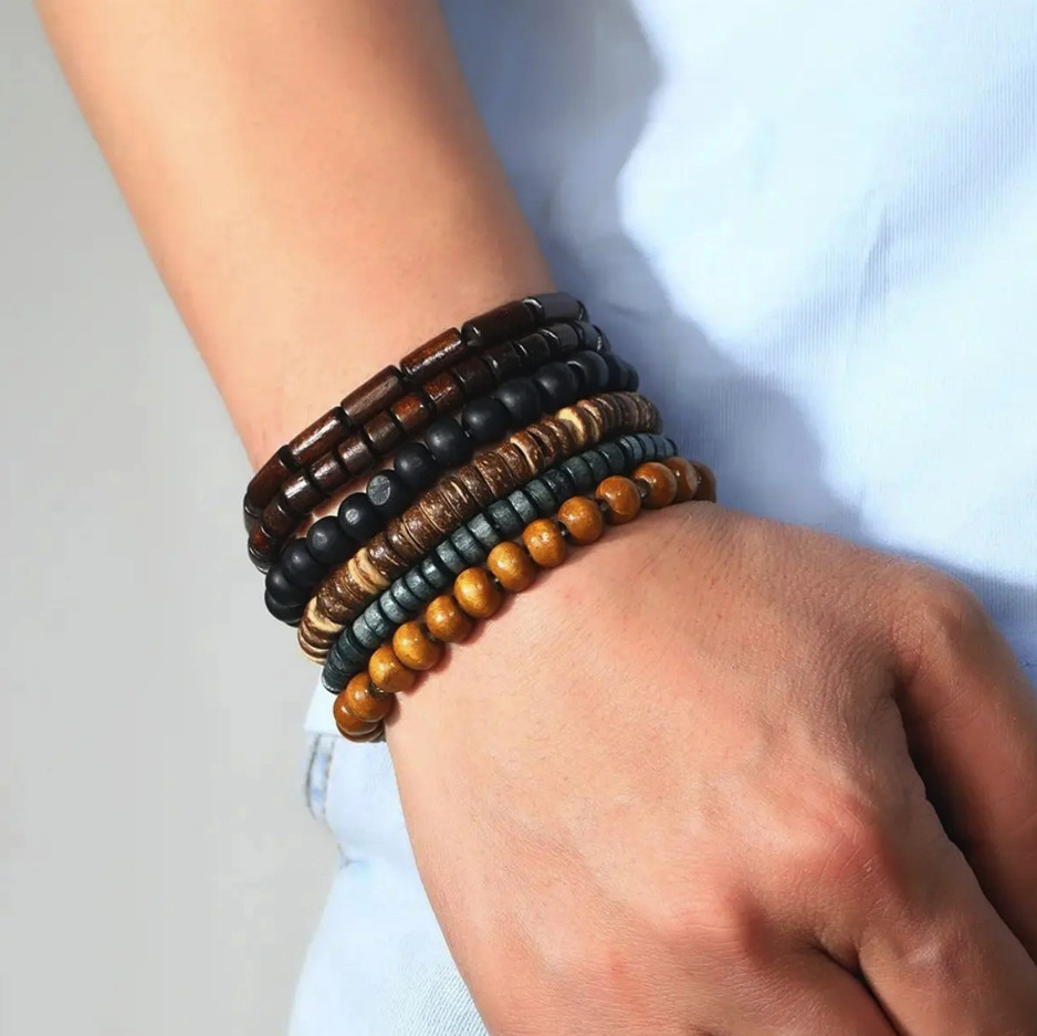 6PCS Wooden Beaded & Braided Leather Bracelets: Vintage Men’s Fashion Armband