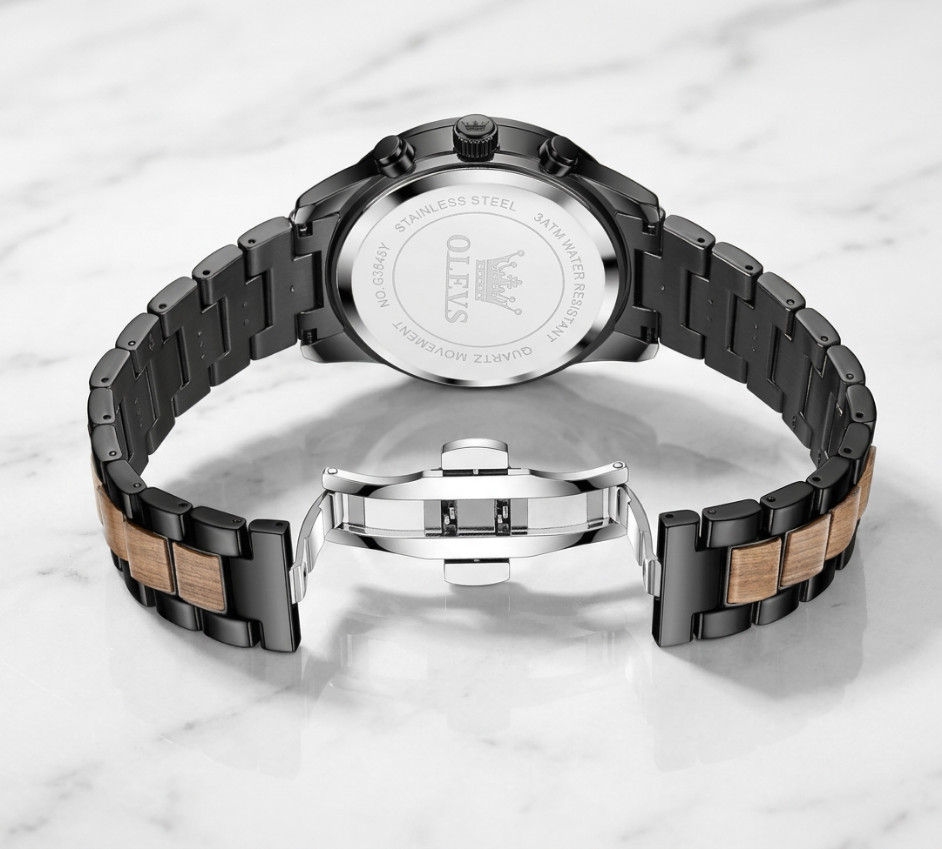 Men Watch Chronograph Quartz Wristwatch Zebra Wood Grain Trim Black 2 Tone Strap