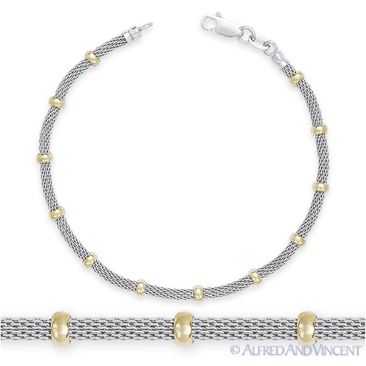 3.9mm Bead 2.4mm Mesh Chain 14k Yellow Gold-Plated .925 Sterling Silver Bracelet