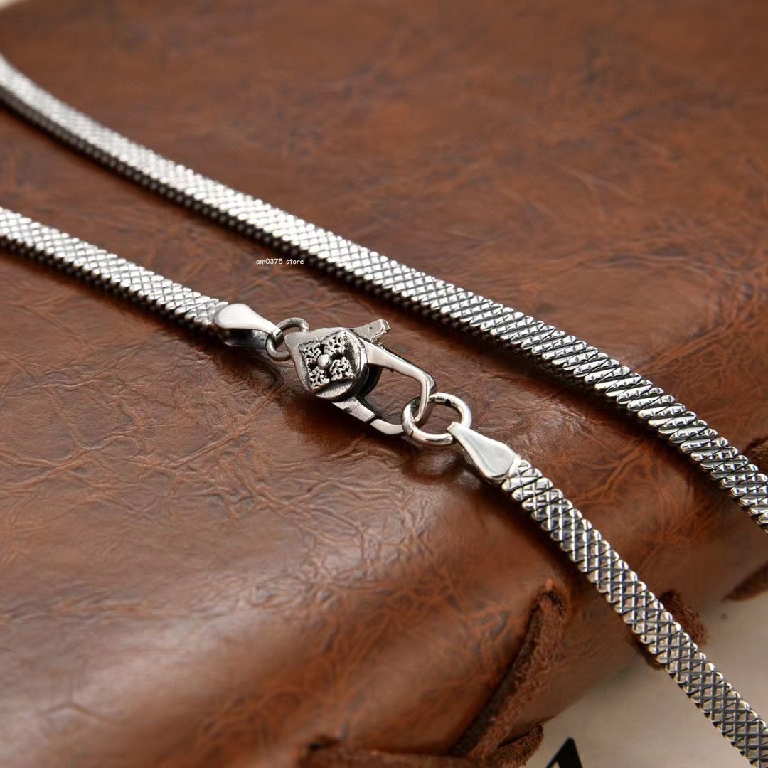 Real 925 Sterling Silver Chain 3mm Embossed Flat Snake Dragon Link Necklace