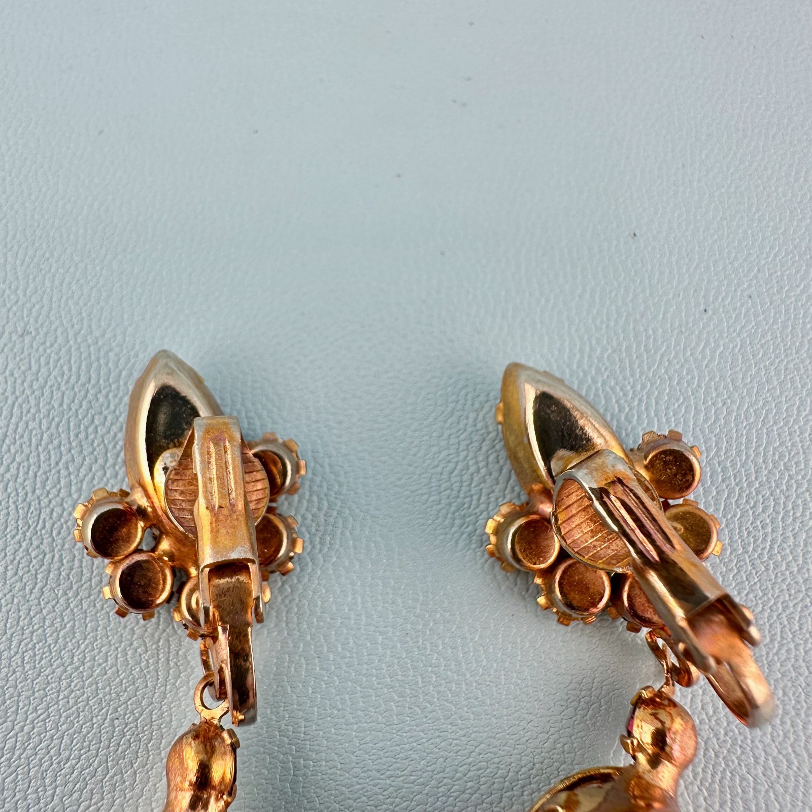 Vintage Purple Rhinestone Dangle Earrings Rose Gold Tone Clip On Prong Set