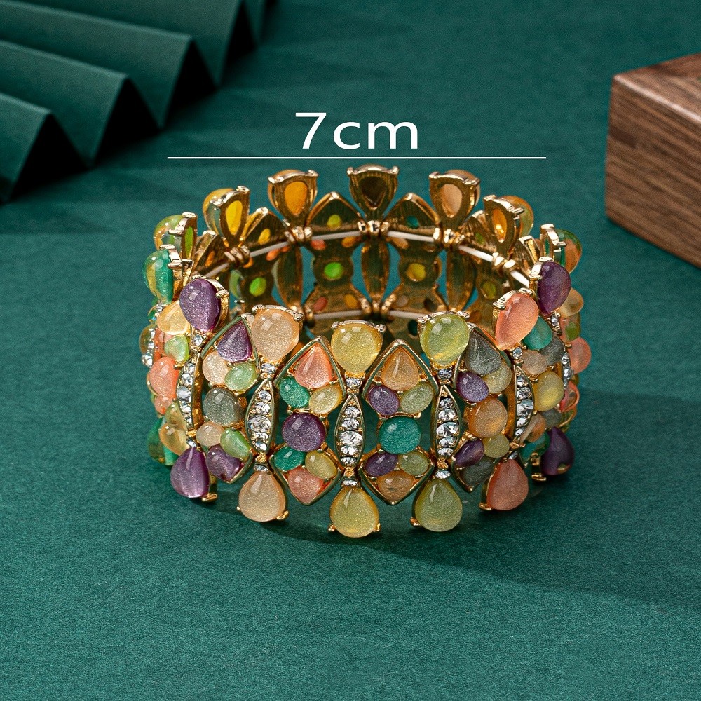 Wide Cuff Bangle Bracelet Colorful Teardrop Resin Rhinestone Inlaid Gold Alloy