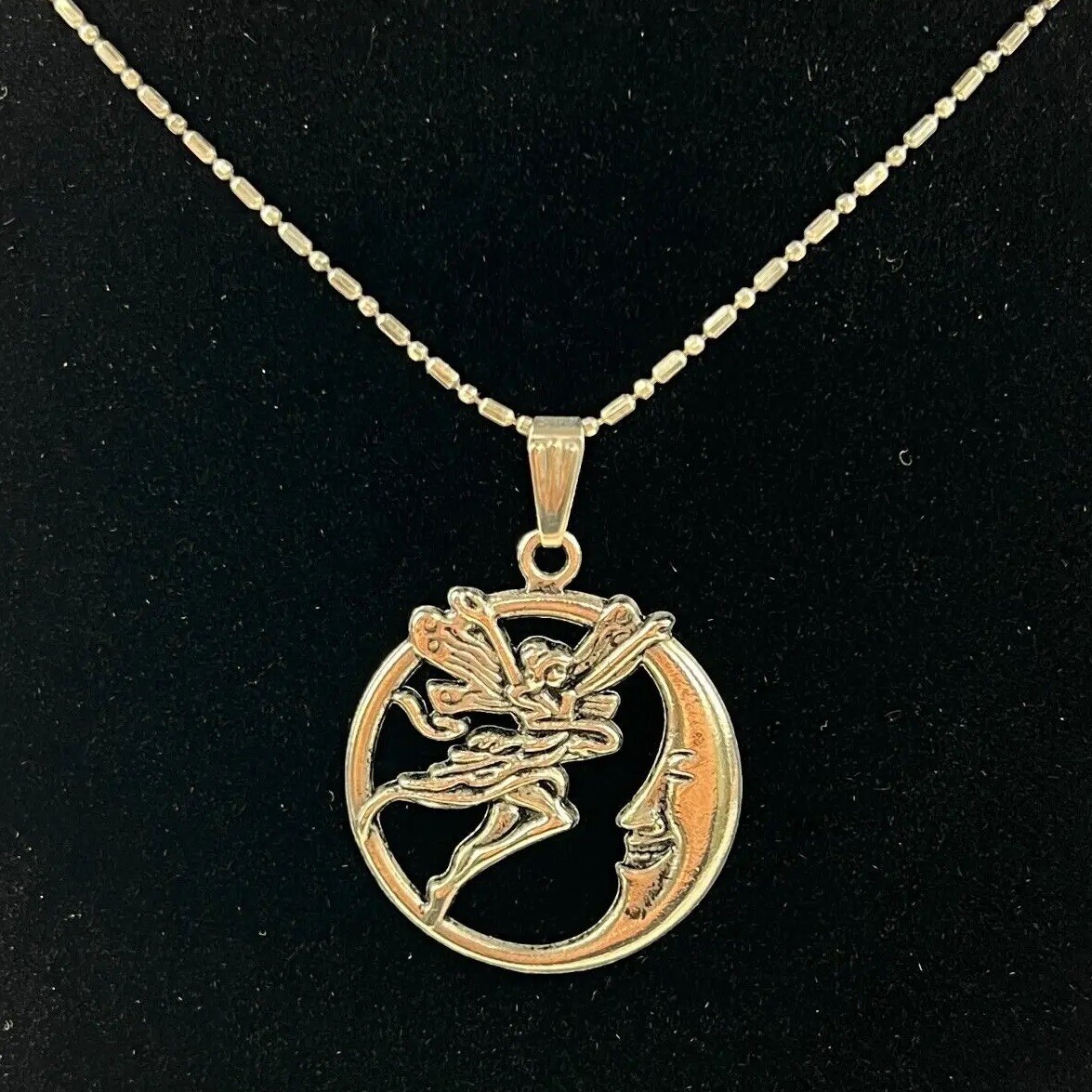 Vintage Sterling Silver Fairy Moon Necklace ~20” Bar Ball Chain Fine Jewelry 925