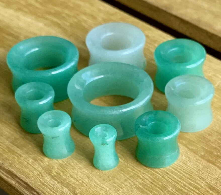 PAIR Green Aventurine Organic Stone Tunnels Double Flare Plugs Earlets Gauges