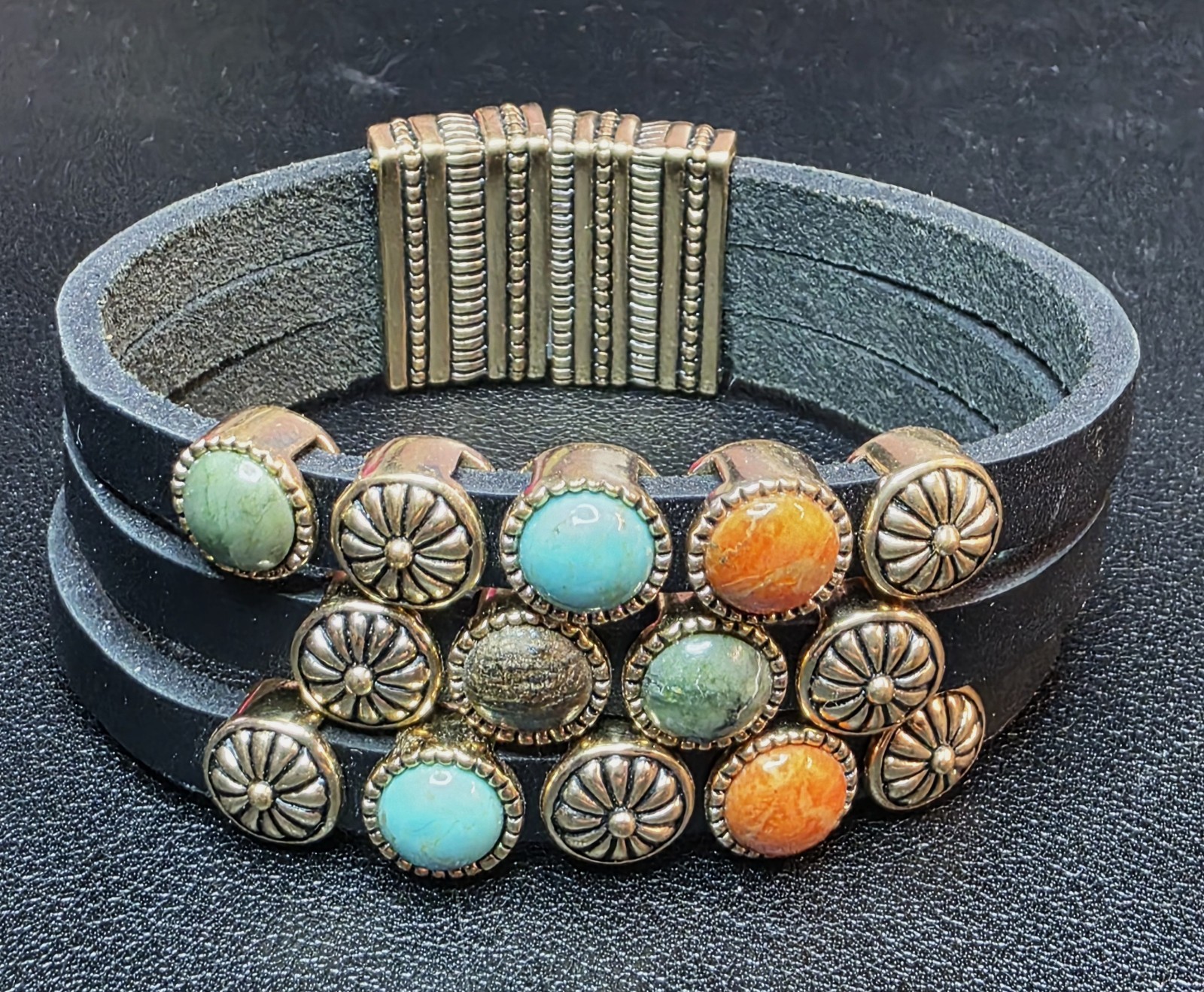 Barse Black Leather Urban Boho Magnetic Cuff Bracelet