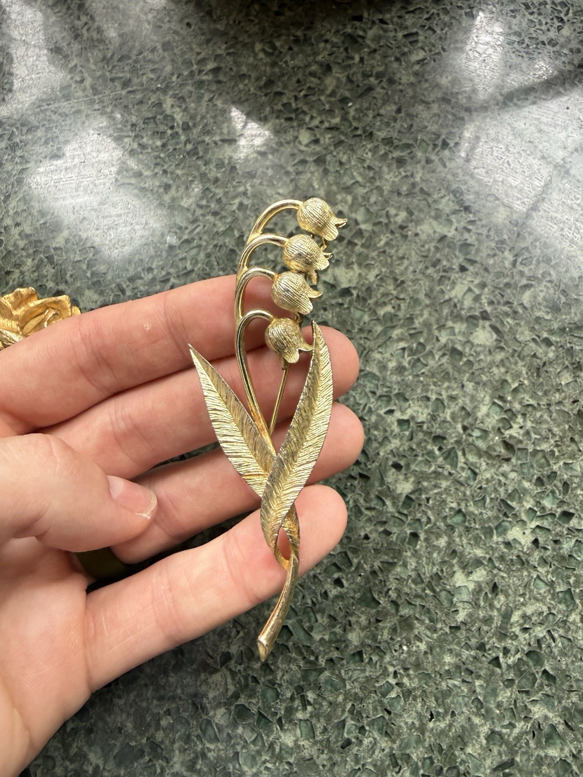 Gold Tone Lily of the Valley Flower Spray Brooch Pin, Metal, No Stone