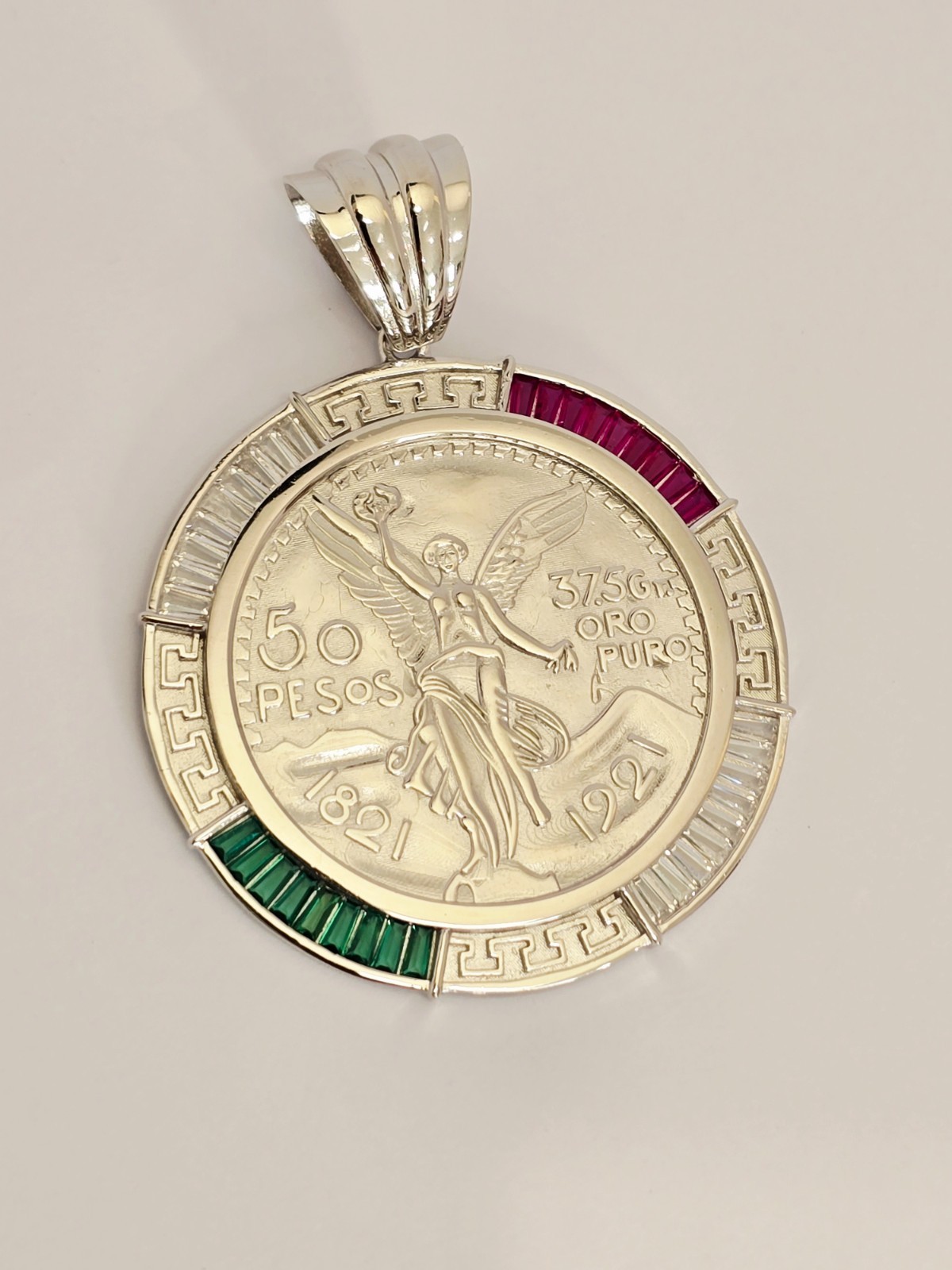 925 Silver 50 Pesos Centenario Coin Pendant: Mexican Flag CZ Pendant