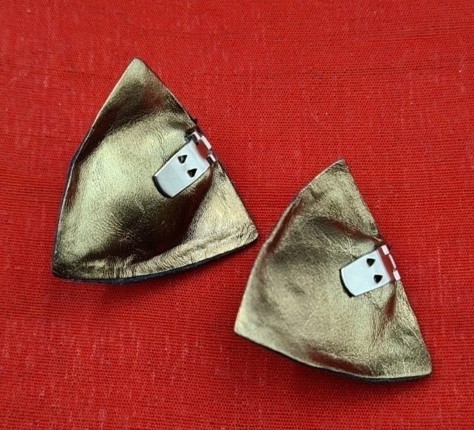 Vintage BLUETTE Black Gold Studded Fabric Faux Leather Large Clip-On Earrings
