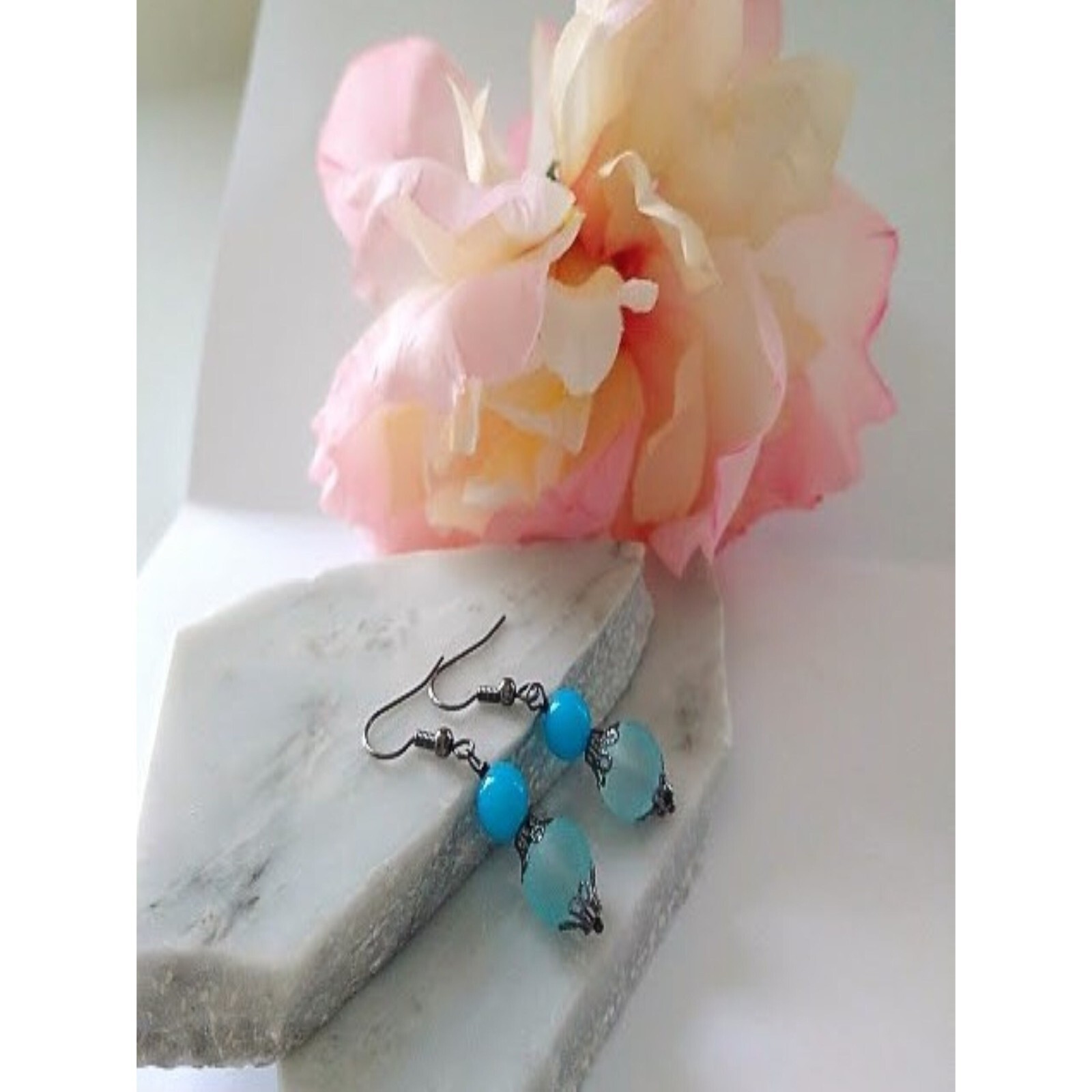 Opaque Blue Glass Gray Gunmetal Dangle Earrings, Ladies Fashion Handmade