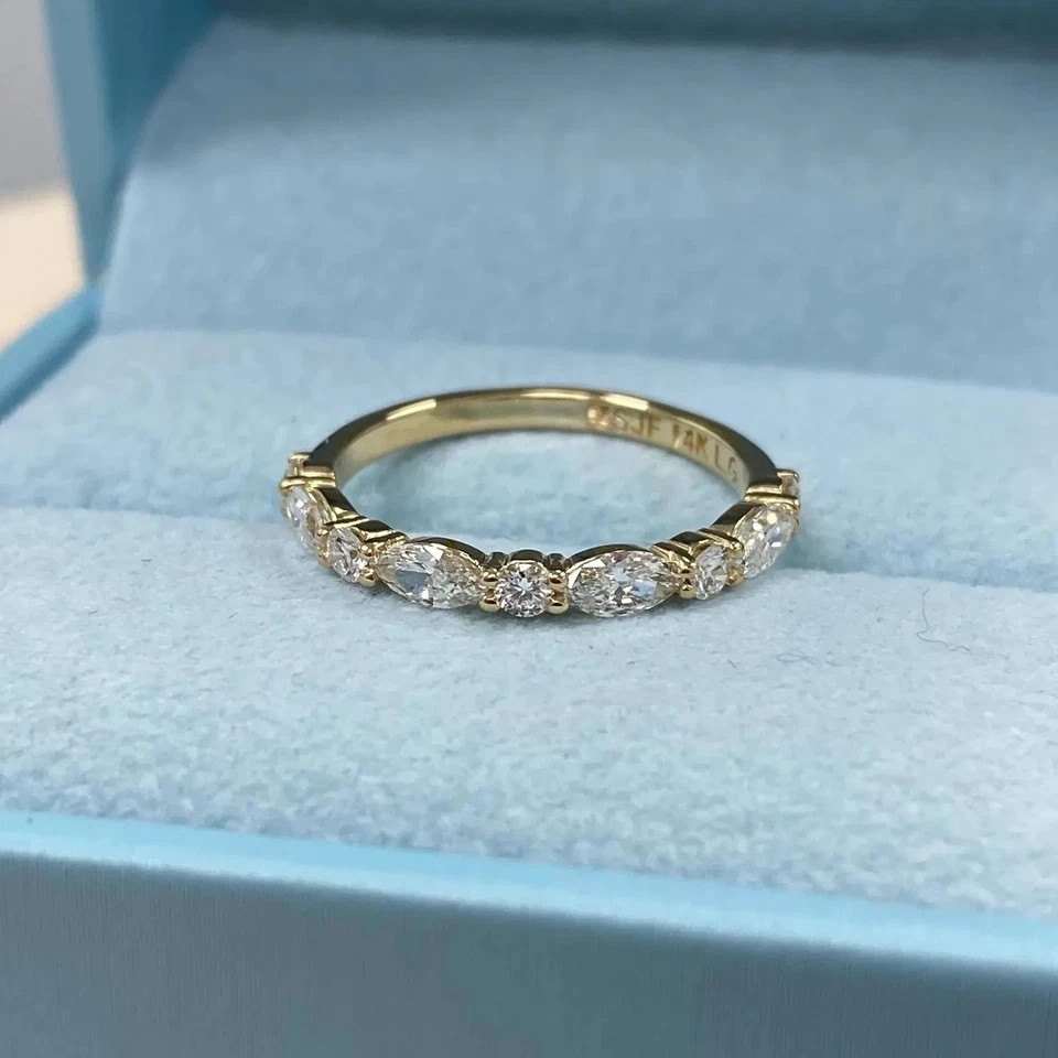 Diamond Band Round & Marquise Cut 0.7 Ct 14k Yellow Gold Lab Grown VVS E F CVD