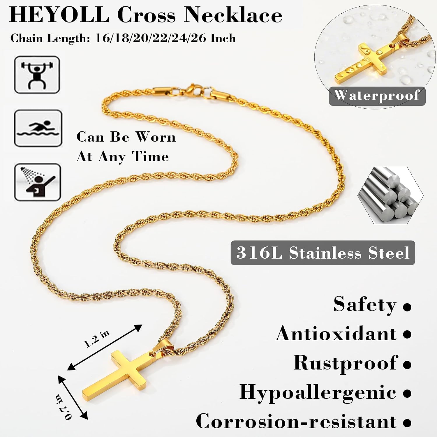 Cross Necklace for Boys Mens Stainless Steel Twisted Rope Chain Cross Pendant Ru