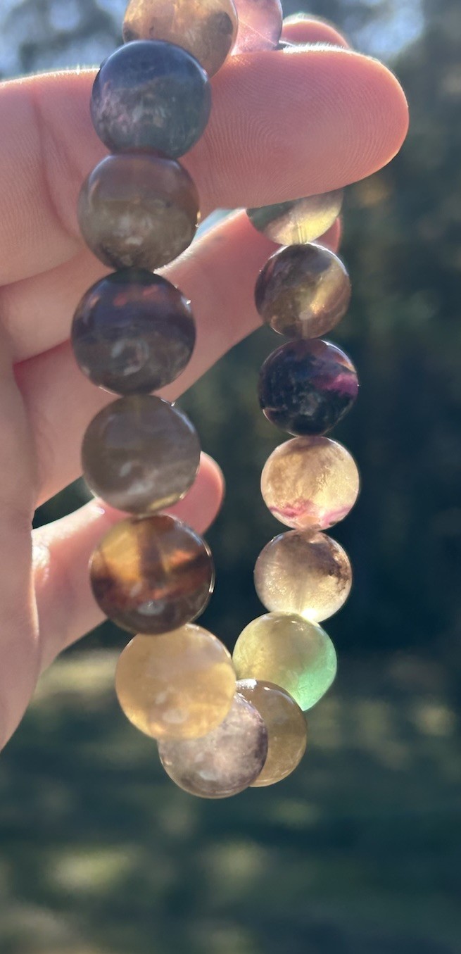13.4mm Natural Rainbow Clear Fluorite Crystal Gemstone Round Beads Bracelet
