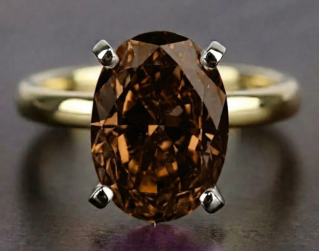 RARE 8.00 Ct Certified Oval Shape Natural Brown Diamond Ring Yellow Gold Finish