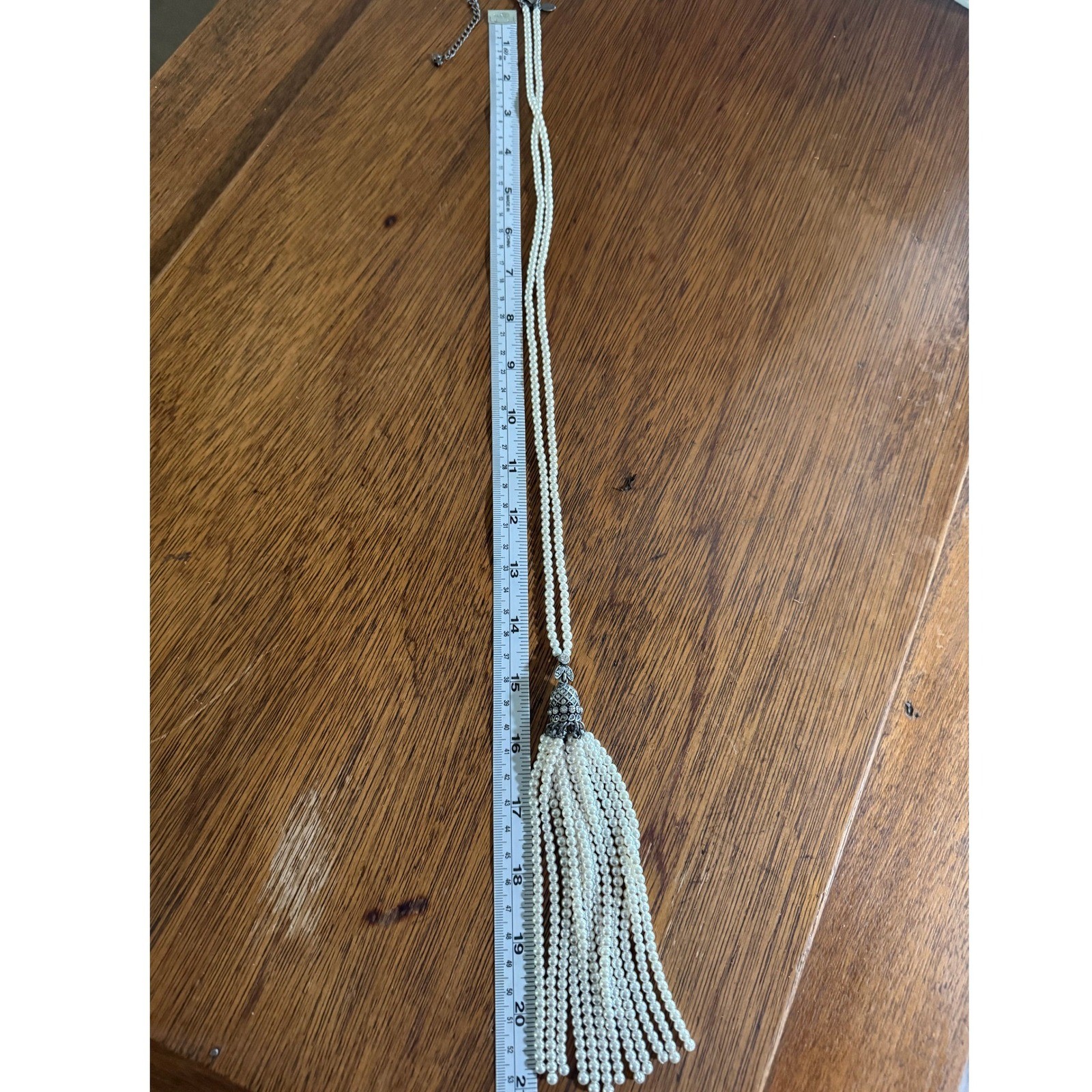 Cookie Lee Faux Pearl Tassel Necklace Silver Tone Long Strand Vintage Style