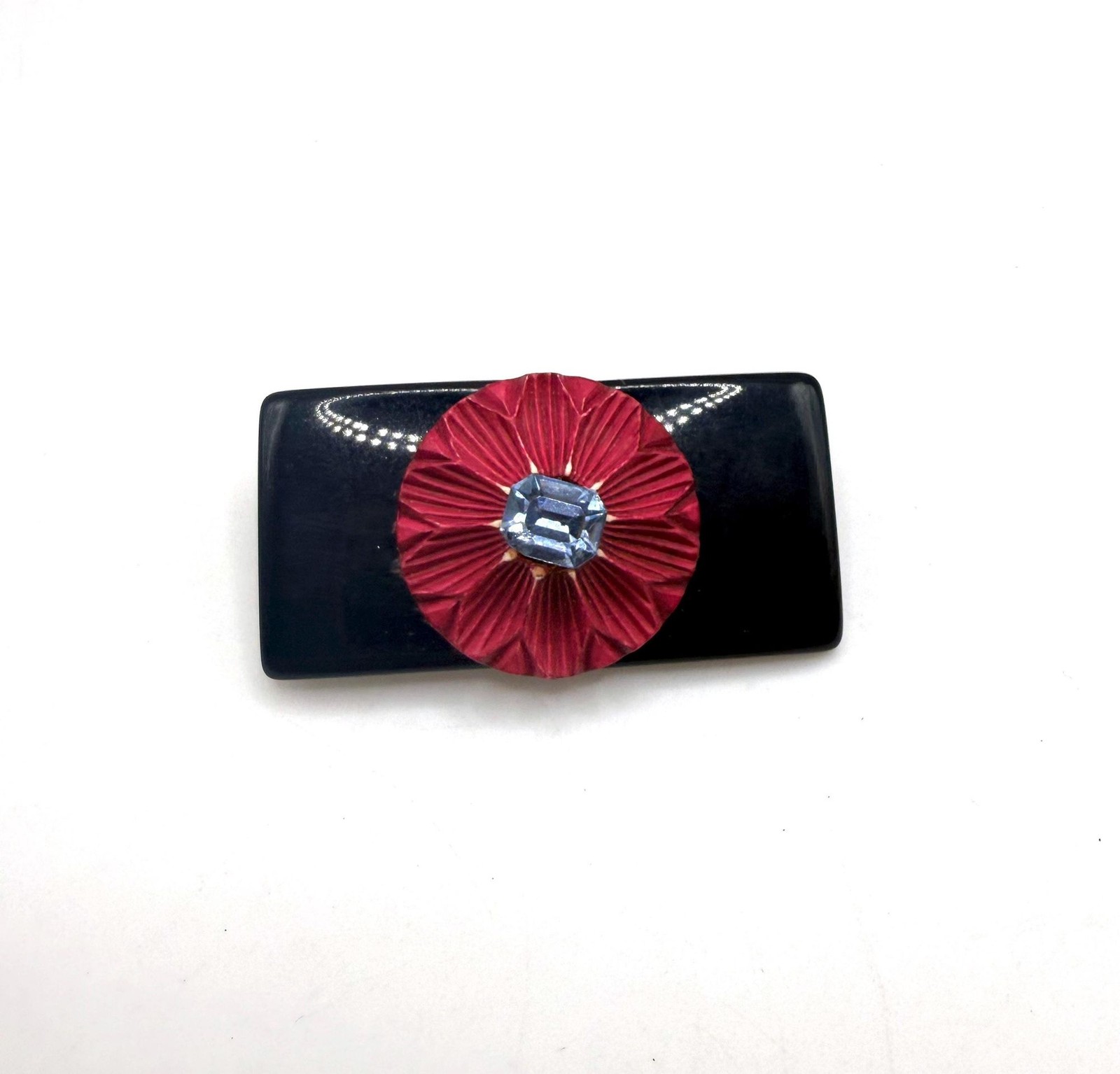 Vintage black pink blue rhinestone rectangle flower brooch