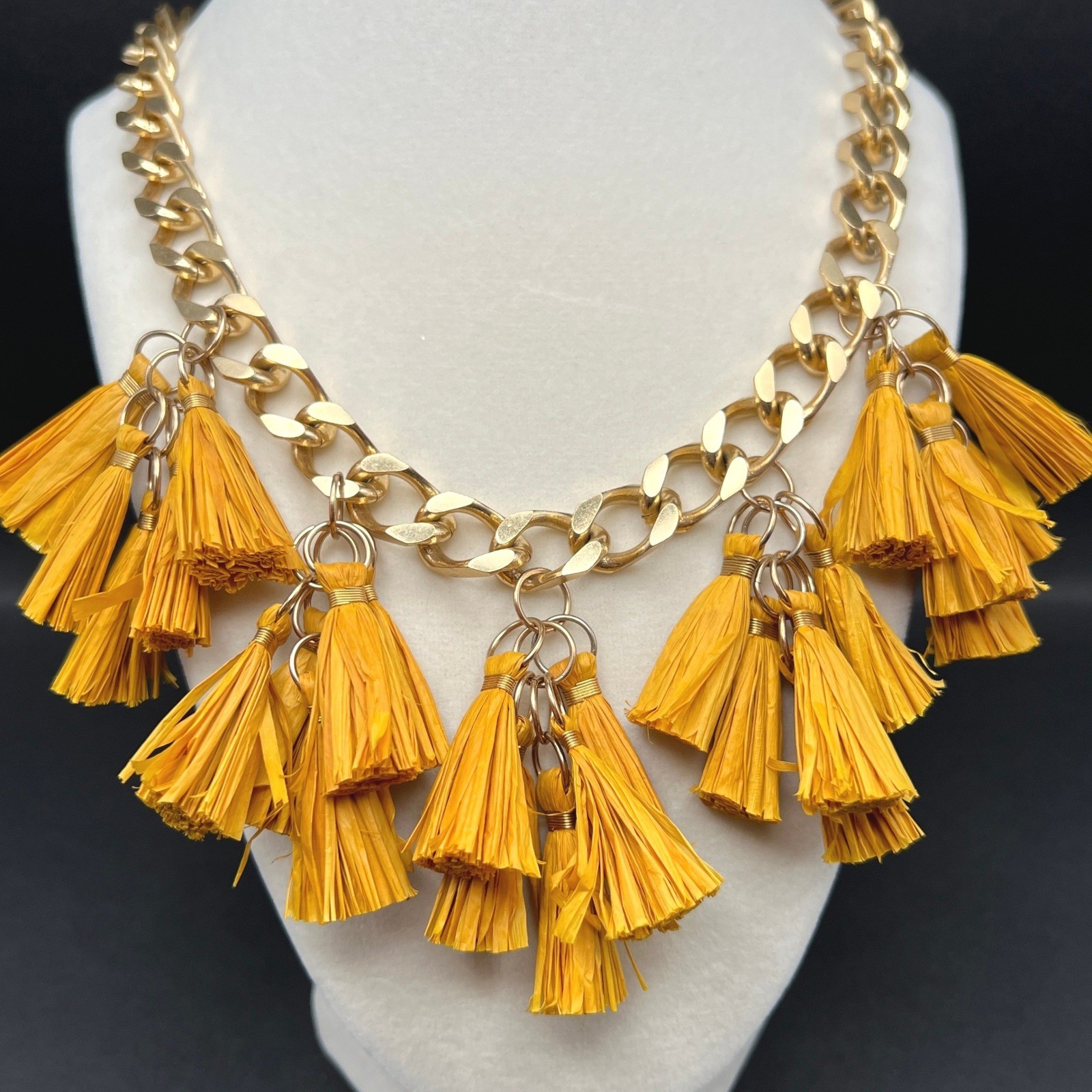 Akola Raffia Tassel Chunky Chain Necklace Uganda Gold Tone Mustard Yellow Boho