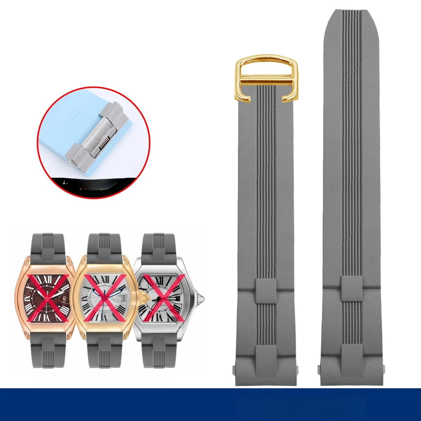 Men’s 19mm Quick Release FKM Rubber Strap for Cartier Roadster Folding Buckle