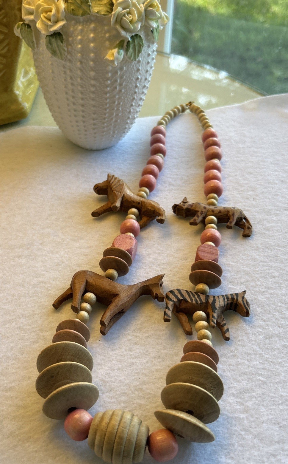 Vintage Hand Carved African Safari Animal Wood Necklace Statement