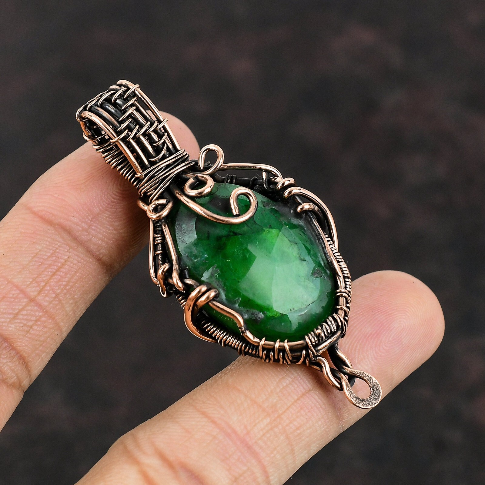 Gift For Her Copper Zambian Emrald Gemstone Jewelry Wire Wrapped Pendant 2.76″