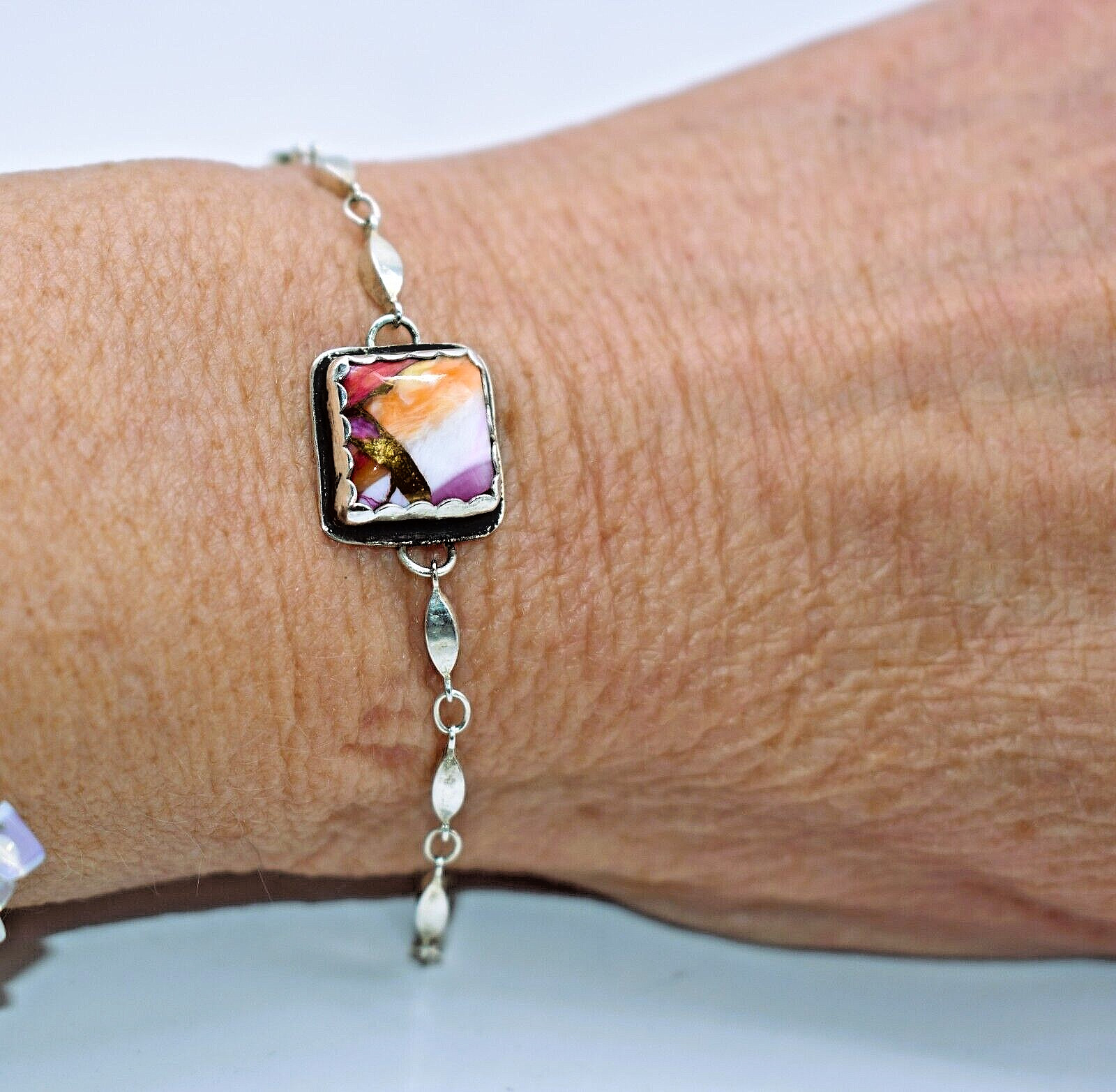 Orange Dahlia Sterling Silver Ankle Bracelet 9-3/4 inch by Ryan Schoolfield