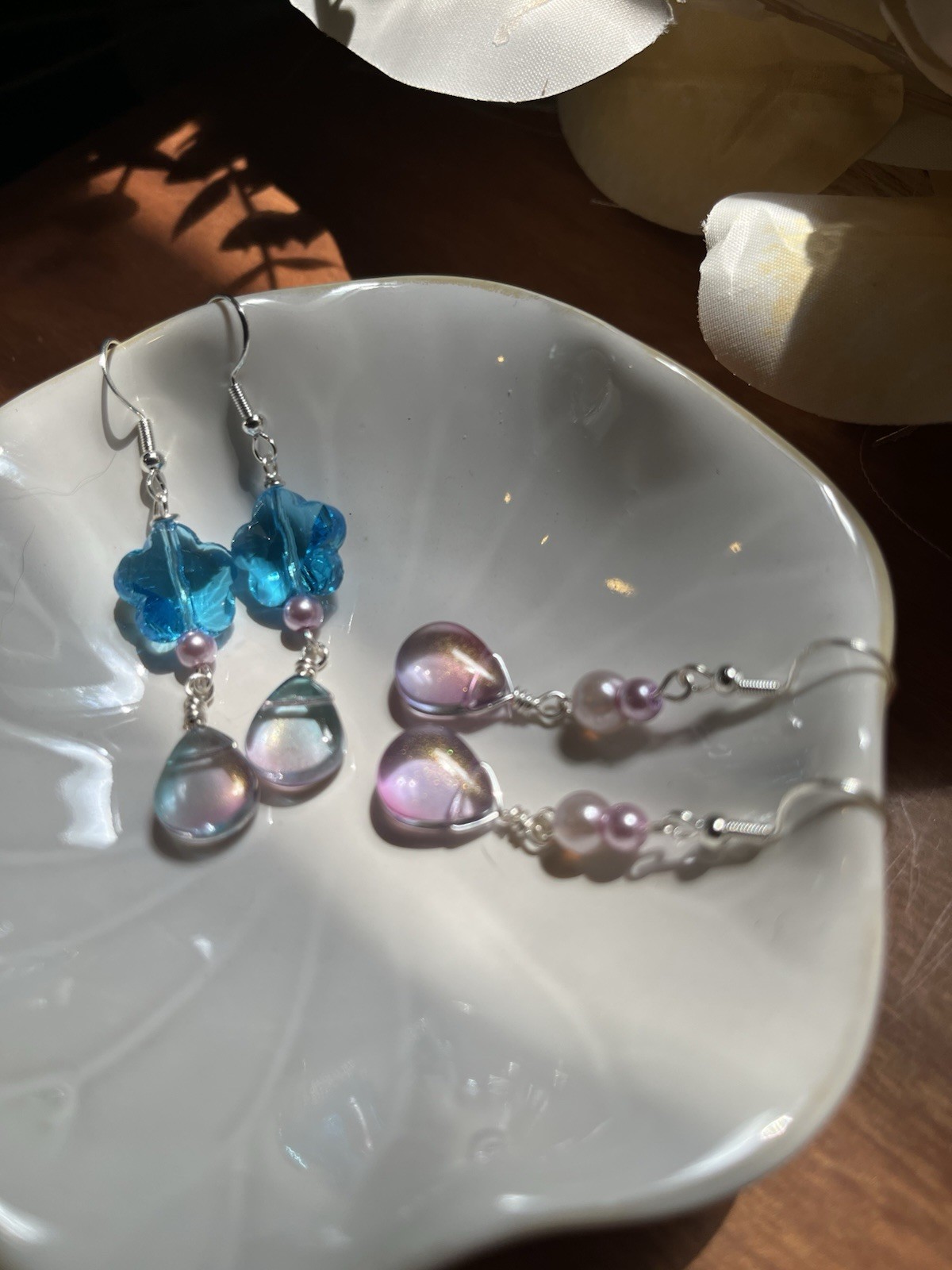 Handcrafted Beautiful Glass Drop Earrings Set Of Two With Sterling Silver Hooks
