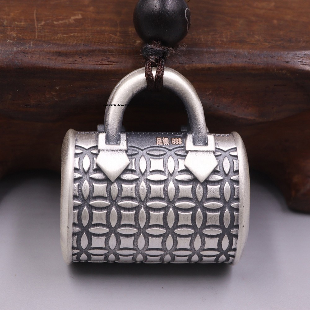 Solid S999 Fine Silver Embossed Coin Pattern Wealth Bag Charm Pendant 29-30g