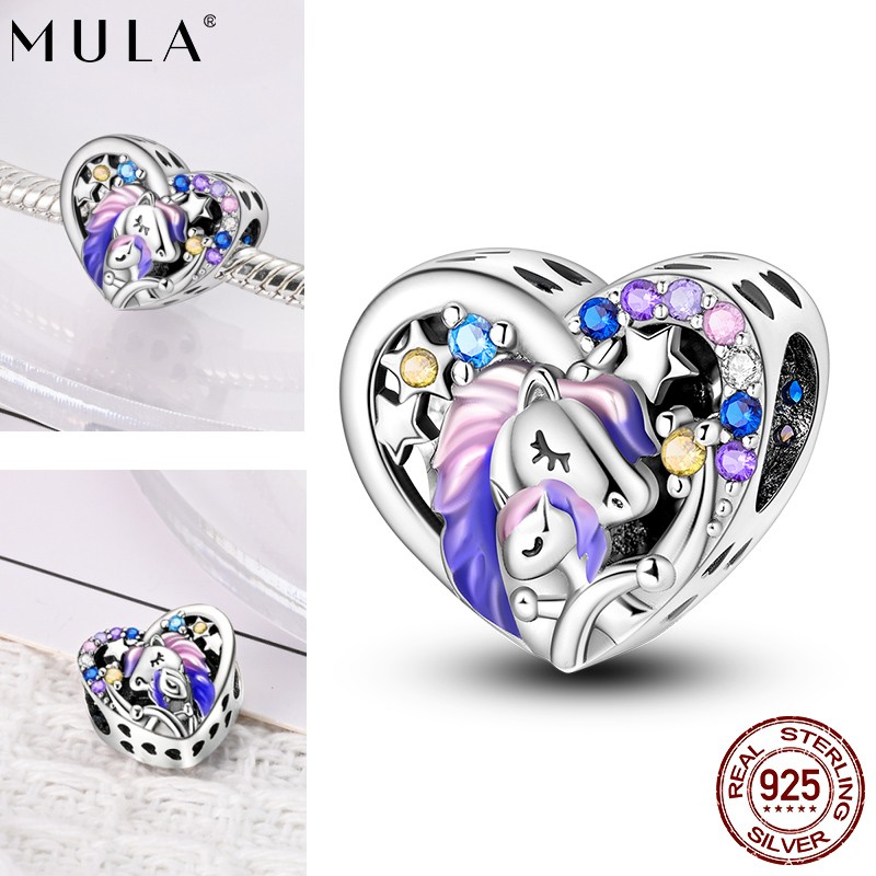 MULA European 925 Sterling Silver Pink Unicorn DIY Charm CZ for Women Bracelet