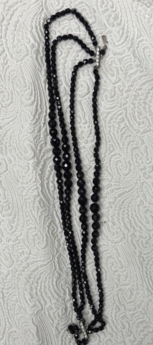 Vintage Laguna 4-Layers Czech Black Glass Faceted Beads Waterfall Necklace