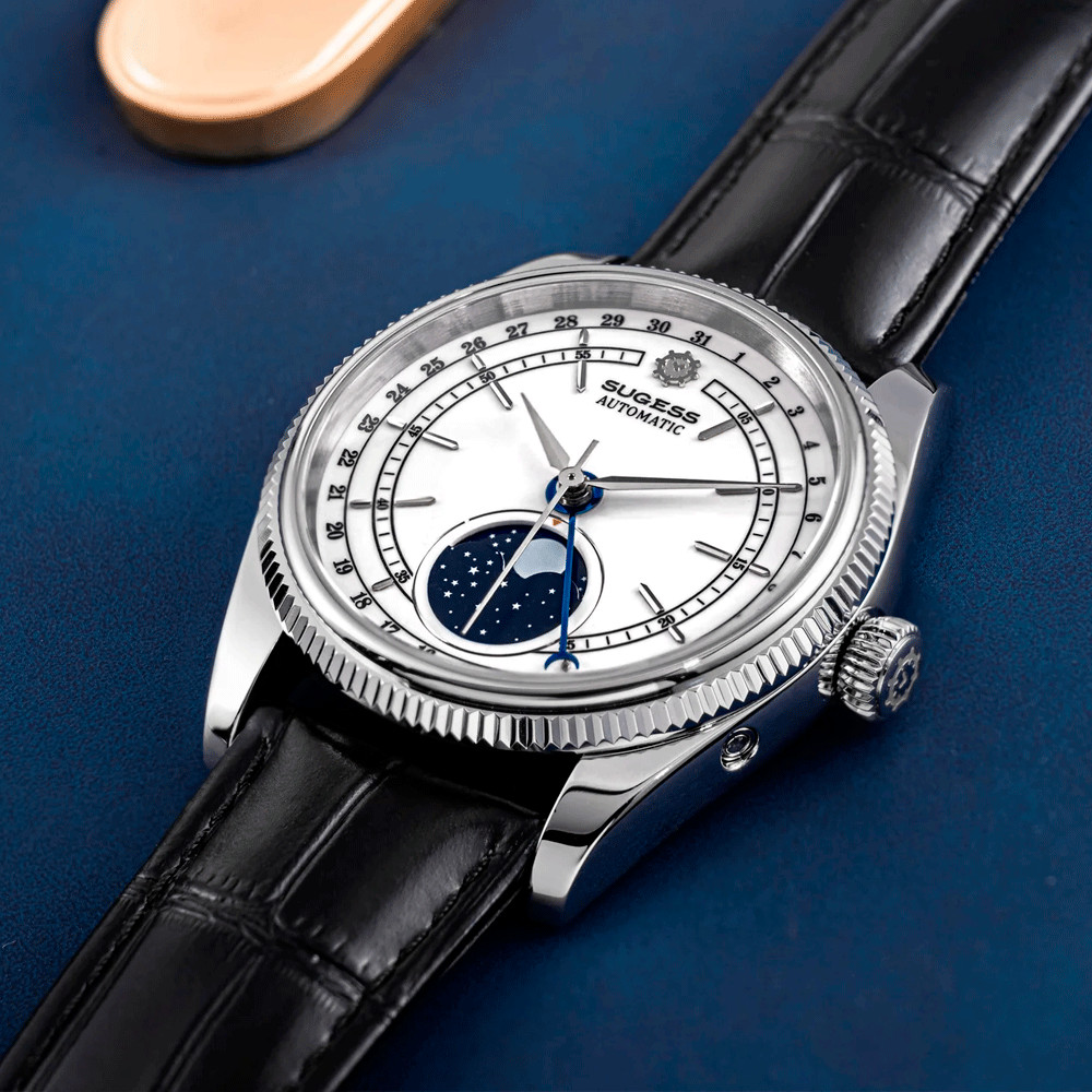 Sugess S452 Automatic Steel Black Leather White Moonphase Men’s Watch