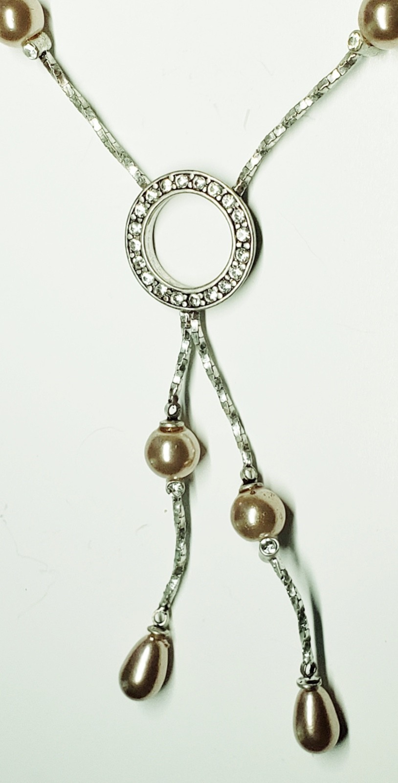 Ellen Tracy 18” Necklace Crystal Rhinestone Faux Pearl Drop Choker Silver Tone