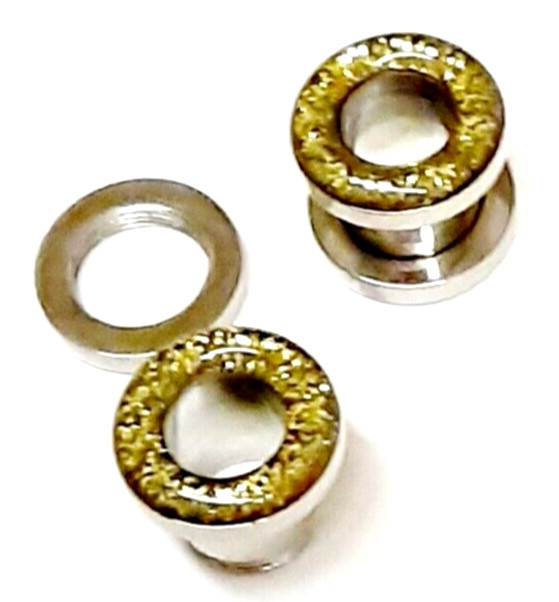 PAIR-Golden Glitter Inlay Steel Screw On Ear Tunnels 04mm/6 Gauge