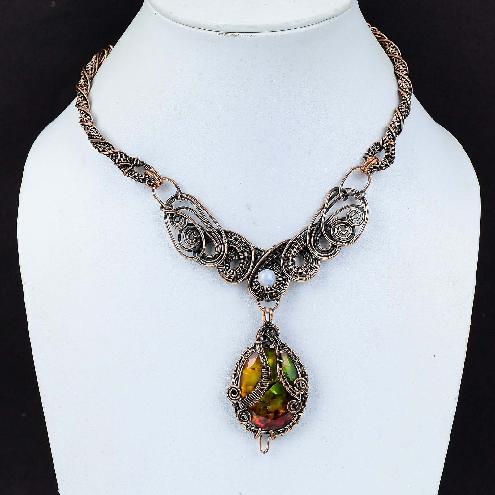 Gift For Her Copper Ammolite Gemstone Jewelry Wire Wrapped Chain Necklace 18.0″