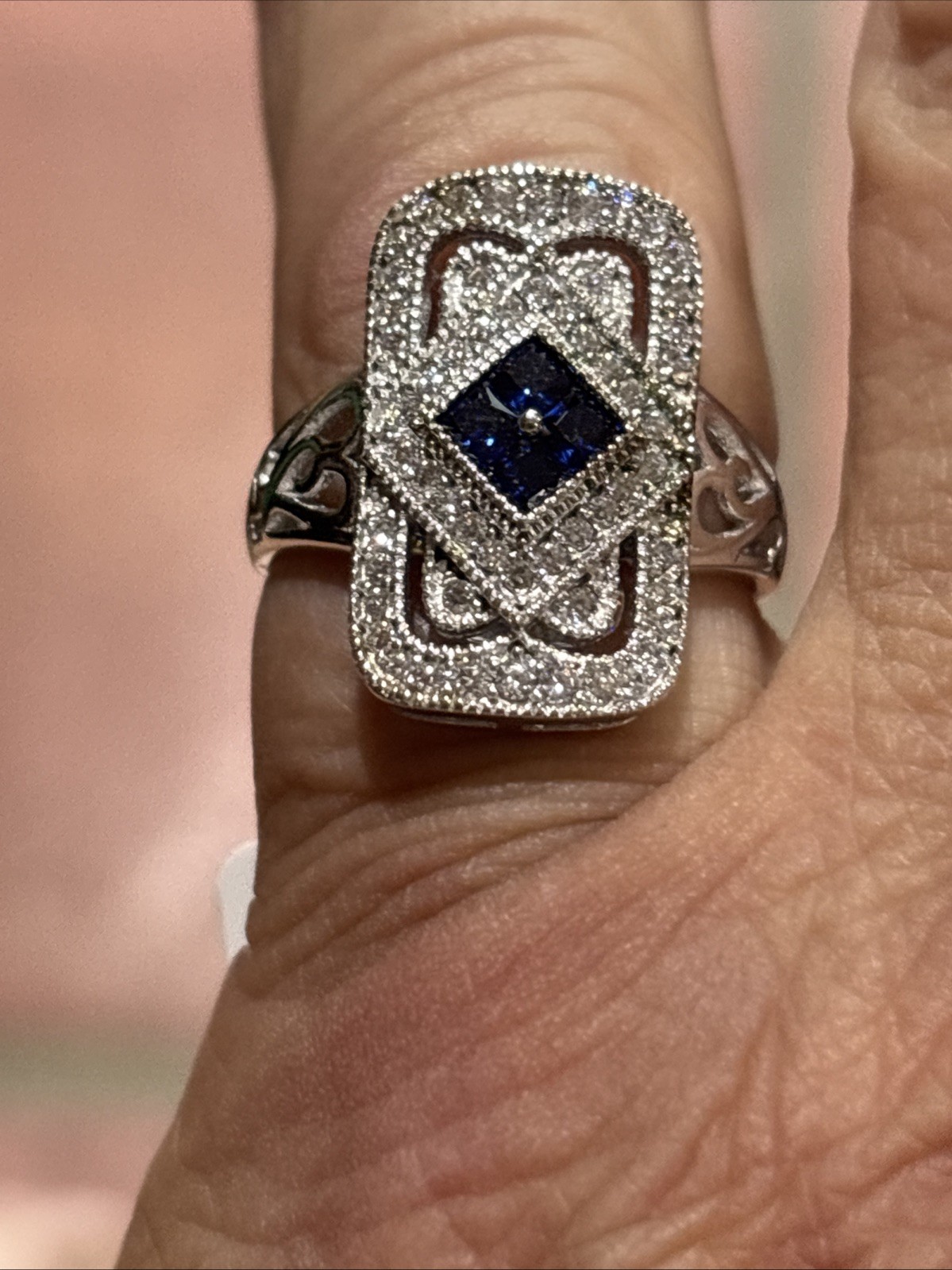 Rhodium Over Sterling Silver Bella Luce Blue Sapphire & Diamonds Ring Size 8 New